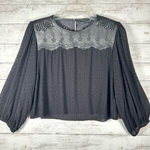 ZARA Faux Leather Embroidered Pindot Chiffon Black Cropped Top L